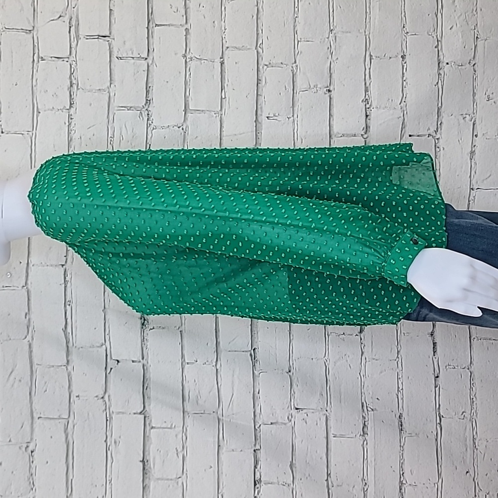 J Crew Flowy Sheer Silk Chiffon Long Sleeve Dot Blouse in Green - Picture 6 of 17
